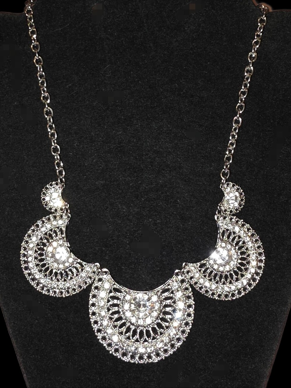 Silvertone Crystal Filigree Bib Necklace
